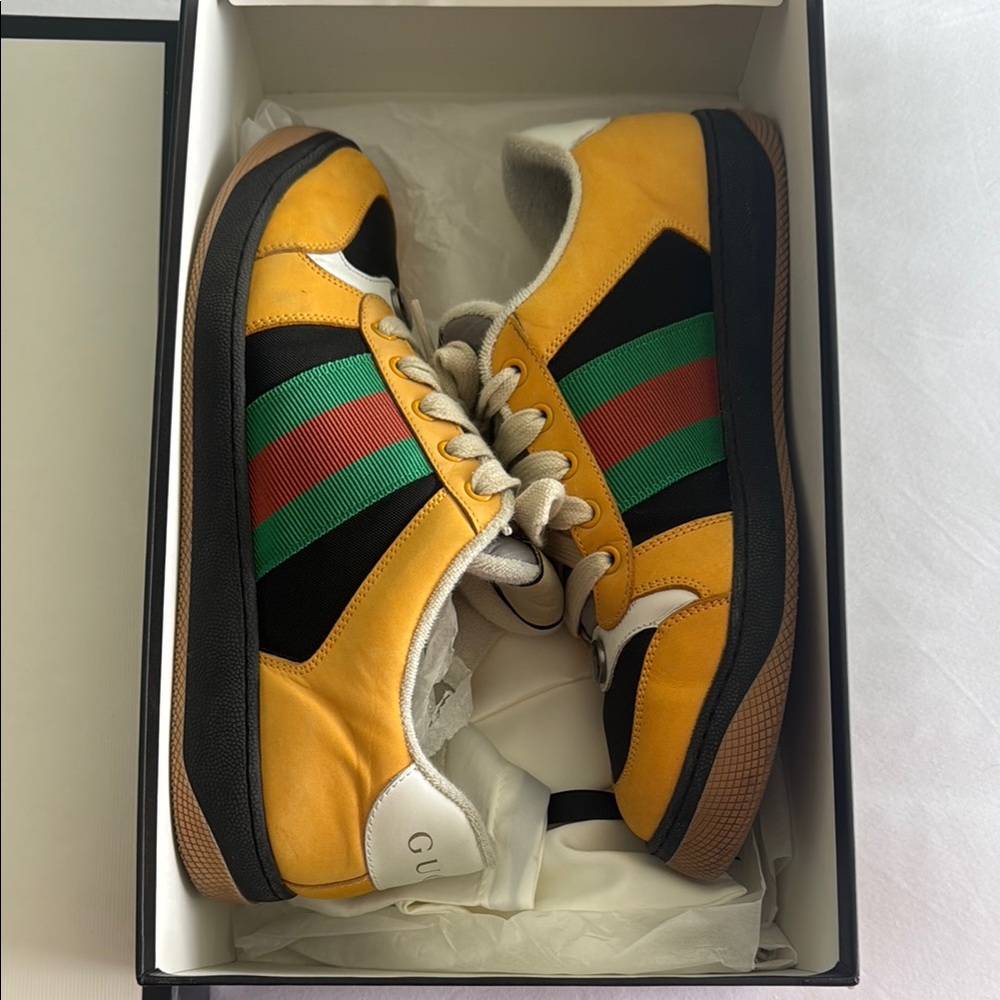 Gucci Men's Vibrant Yellow Sneakers with Green and Red Stripes